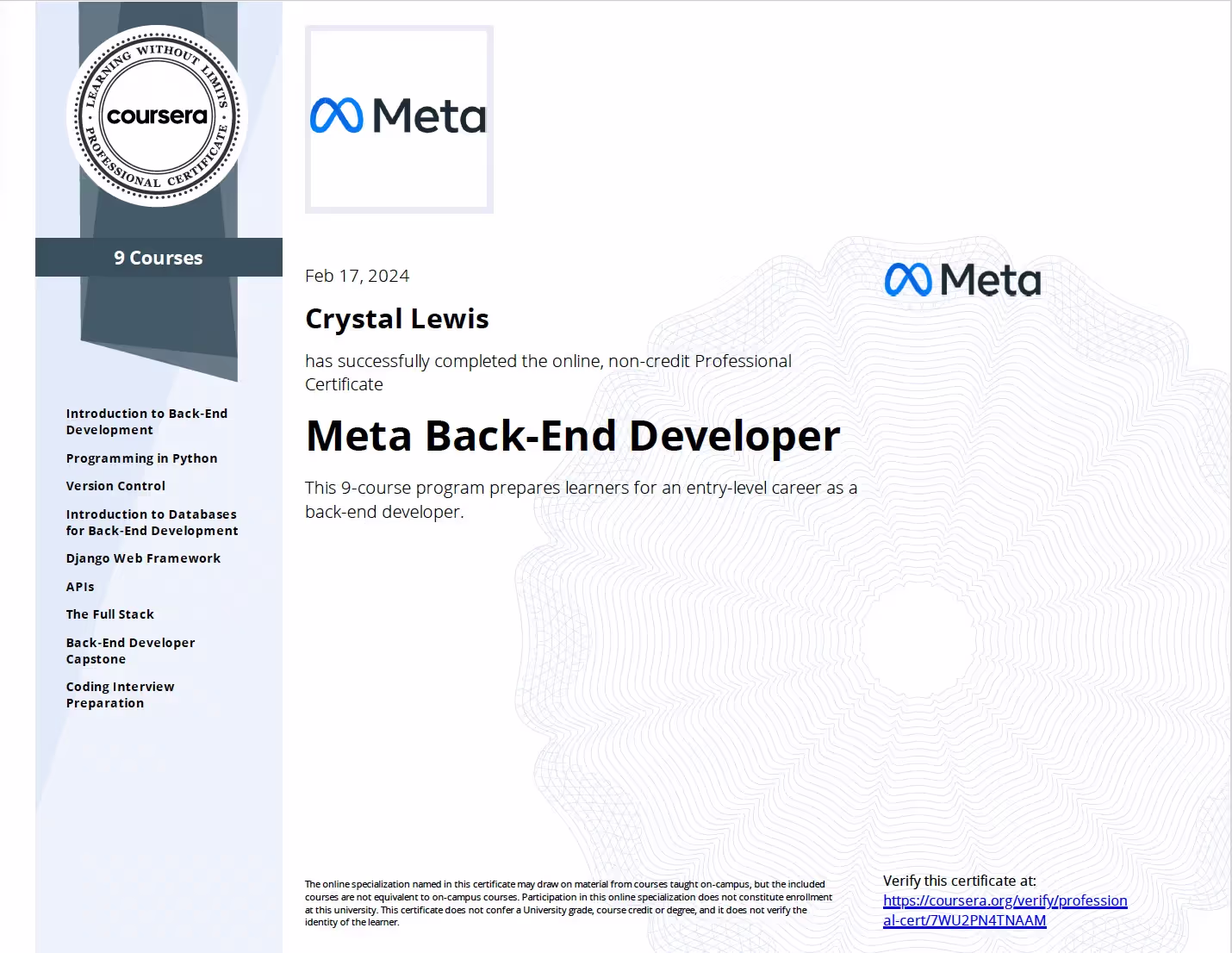 Meta Back-End Developer certificate.