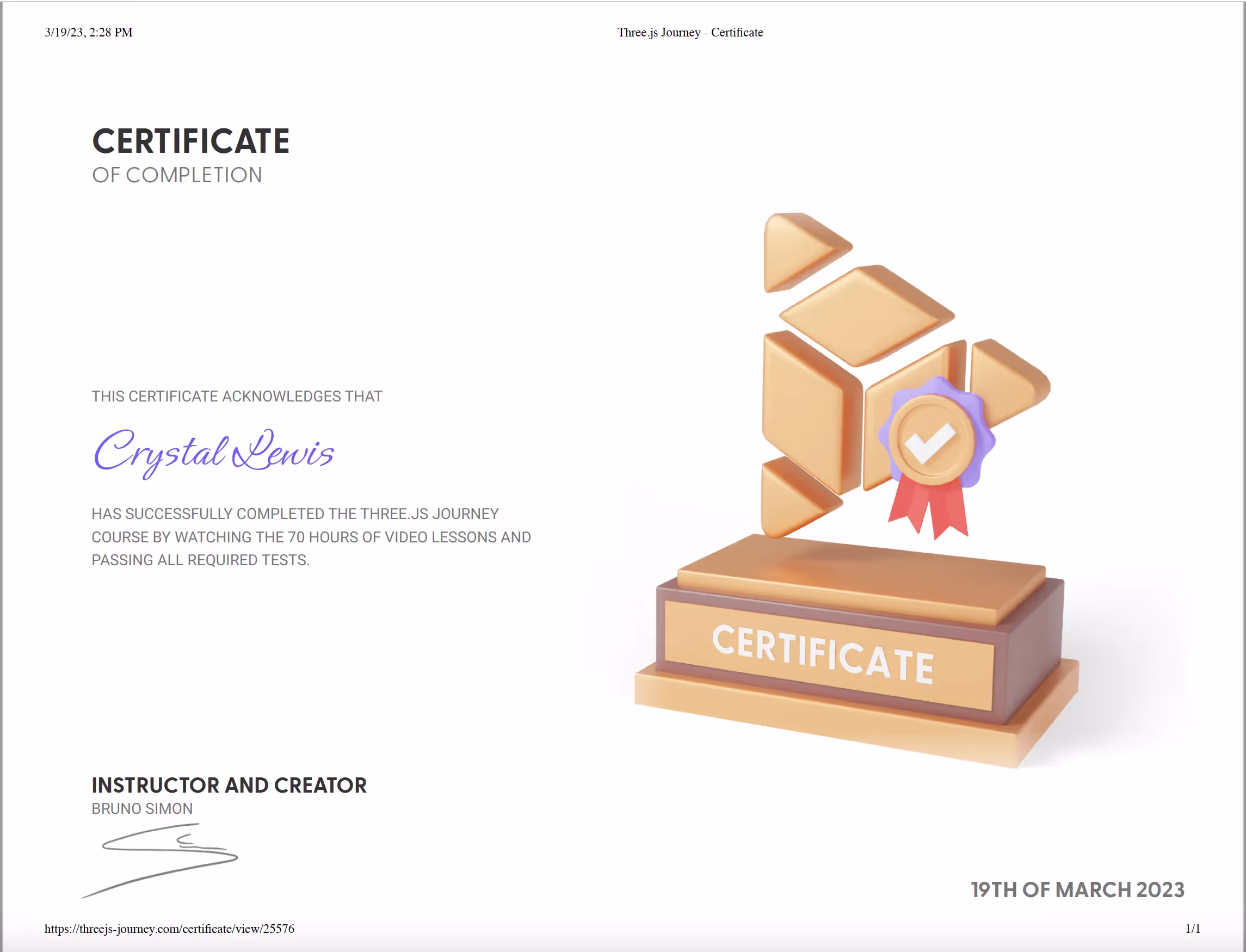 Three.js certificate.