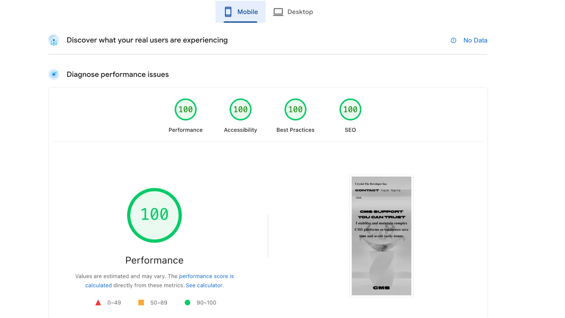 WordPress website mobile Lighthouse score screenshot.