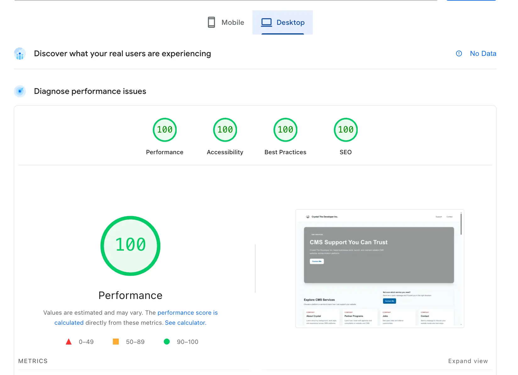 Current Next.js result desktop Lighthouse score screenshot.