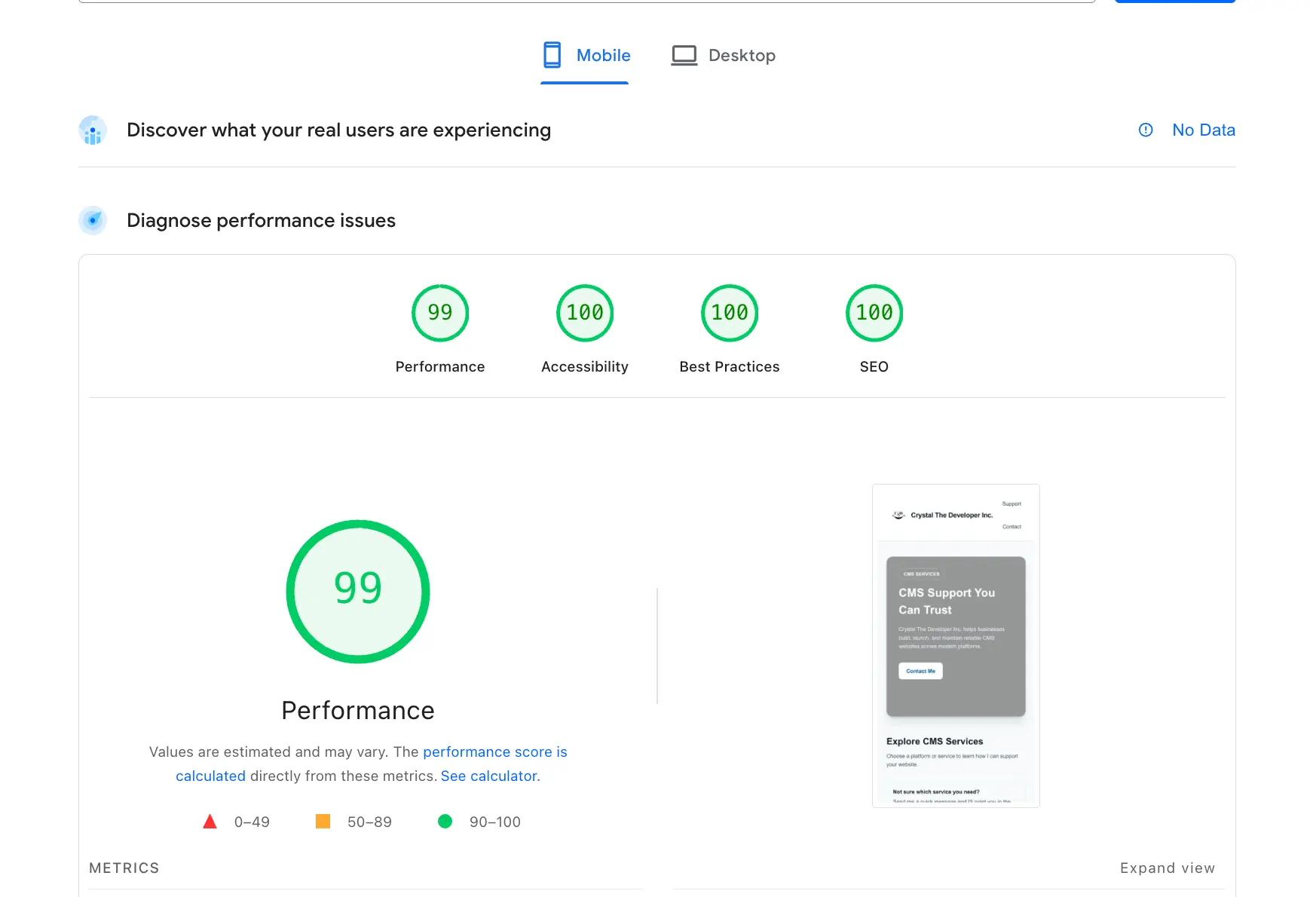 Current Next.js result mobile Lighthouse score screenshot.